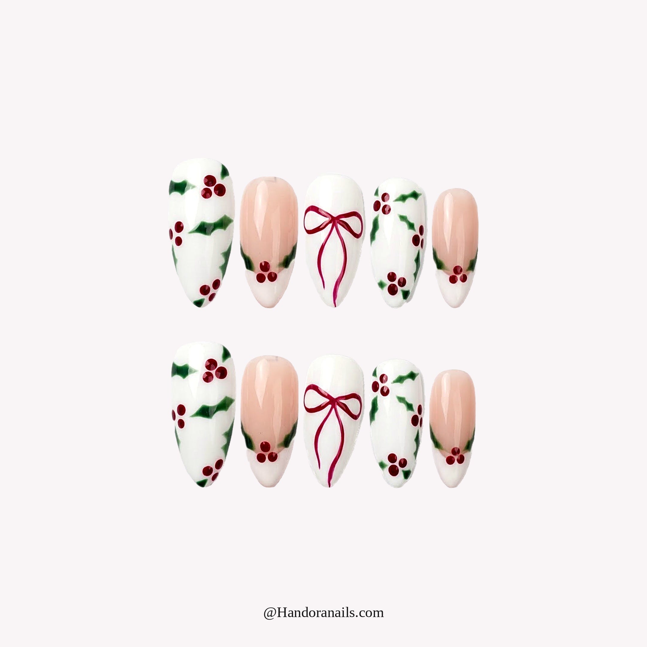 Holly Berry Christmas press-on nails – white background by Handora Nails