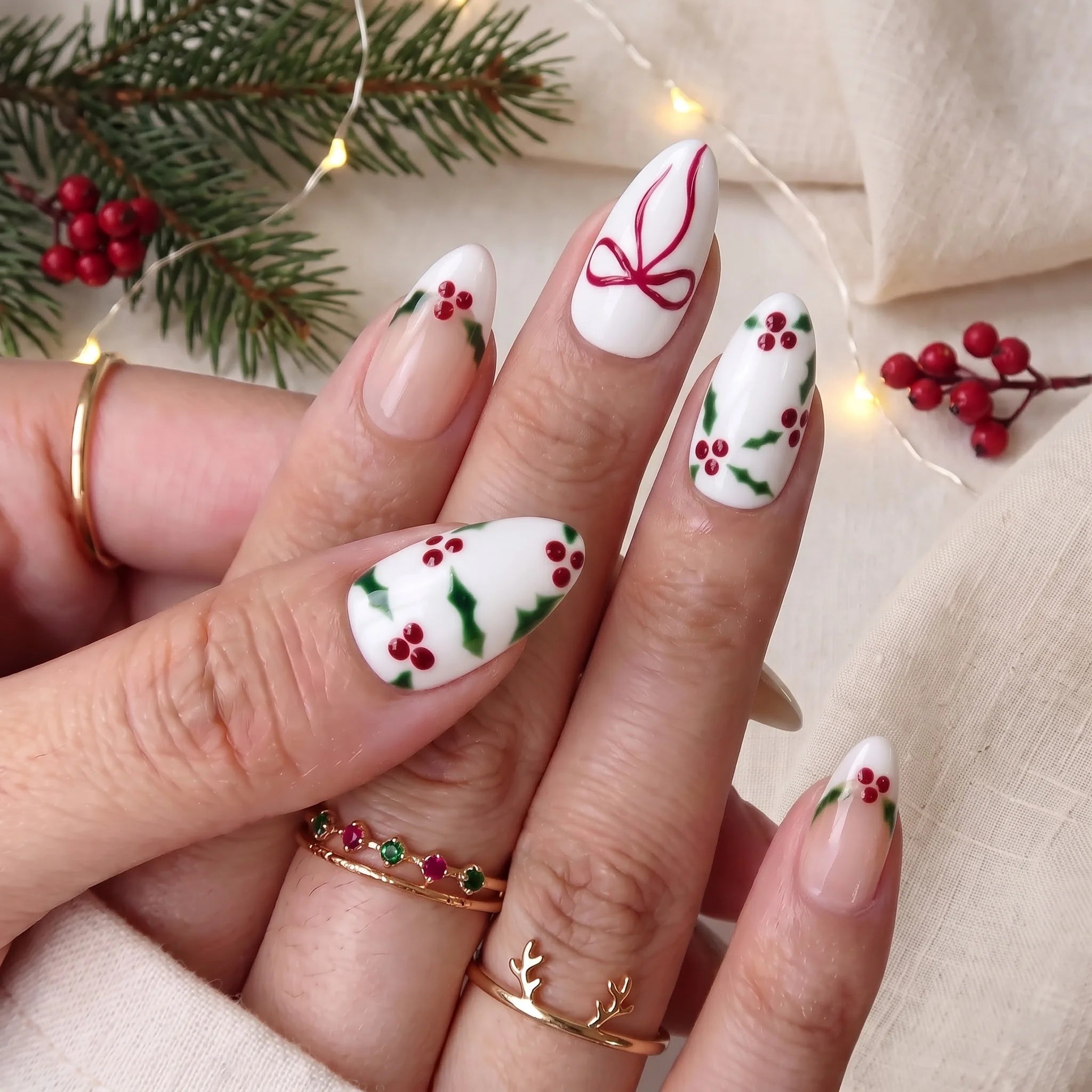 Holly Berry Christmas press-on nails – on hand by Handora Nails
