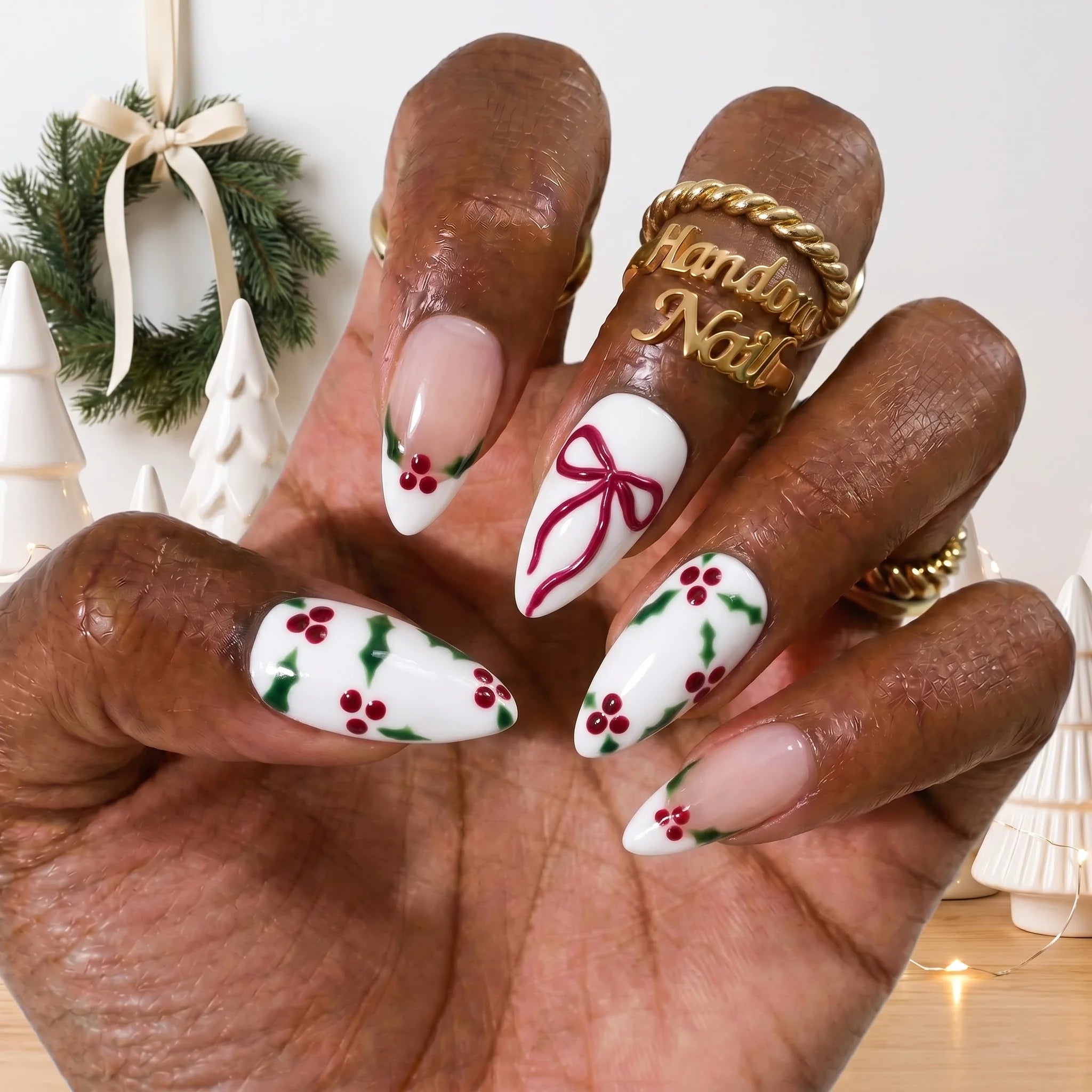 Holly Berry Christmas press-on nails – on hand by Handora Nails