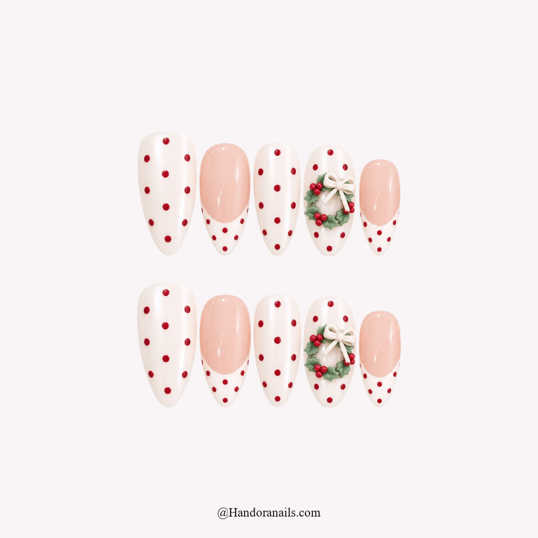 Holly Confetti Christmas press-on nails - white background by Handora Nails