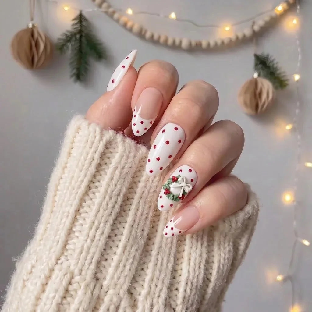 Holly Confetti Christmas press-on nails - on hand by Handora Nails