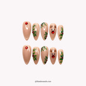 Hollyberry Deer press-on nails – almond shape, nude and red