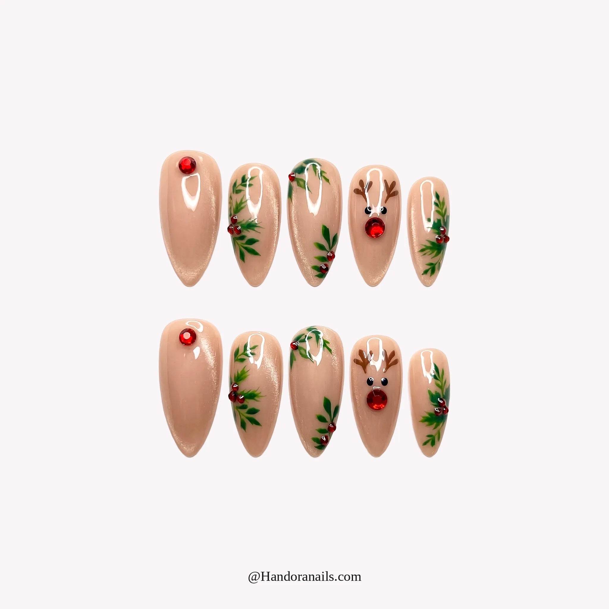 Hollyberry Deer press-on nails – almond shape, nude and red