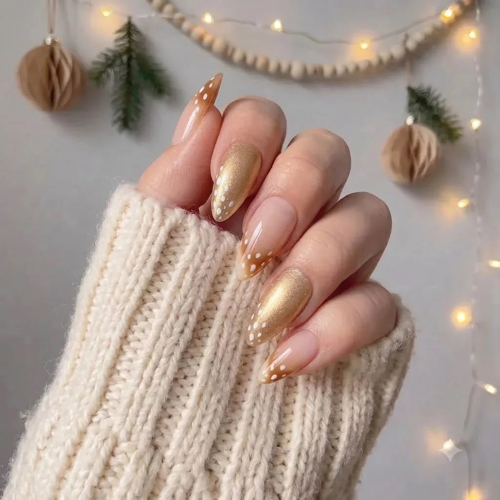 Honey Fawn winter press-on nails - on hand by Handora Nails