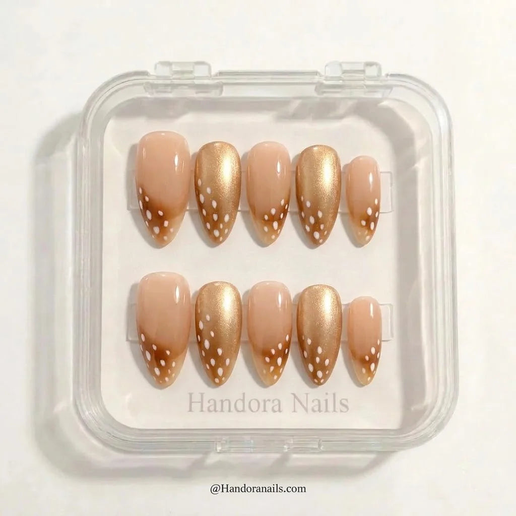 Honey Fawn winter press-on nails - in display box by Handora Nails