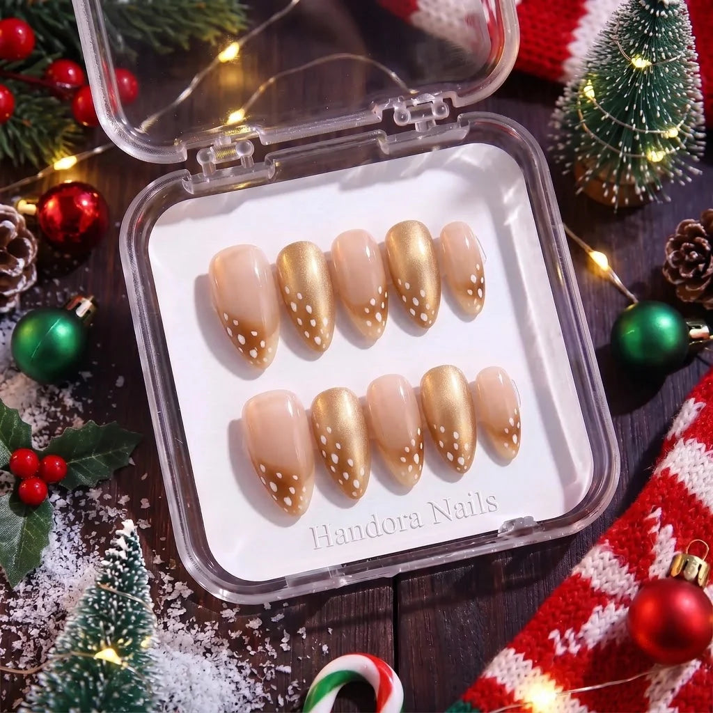 Honey Fawn winter press-on nails - in display box by Handora Nails