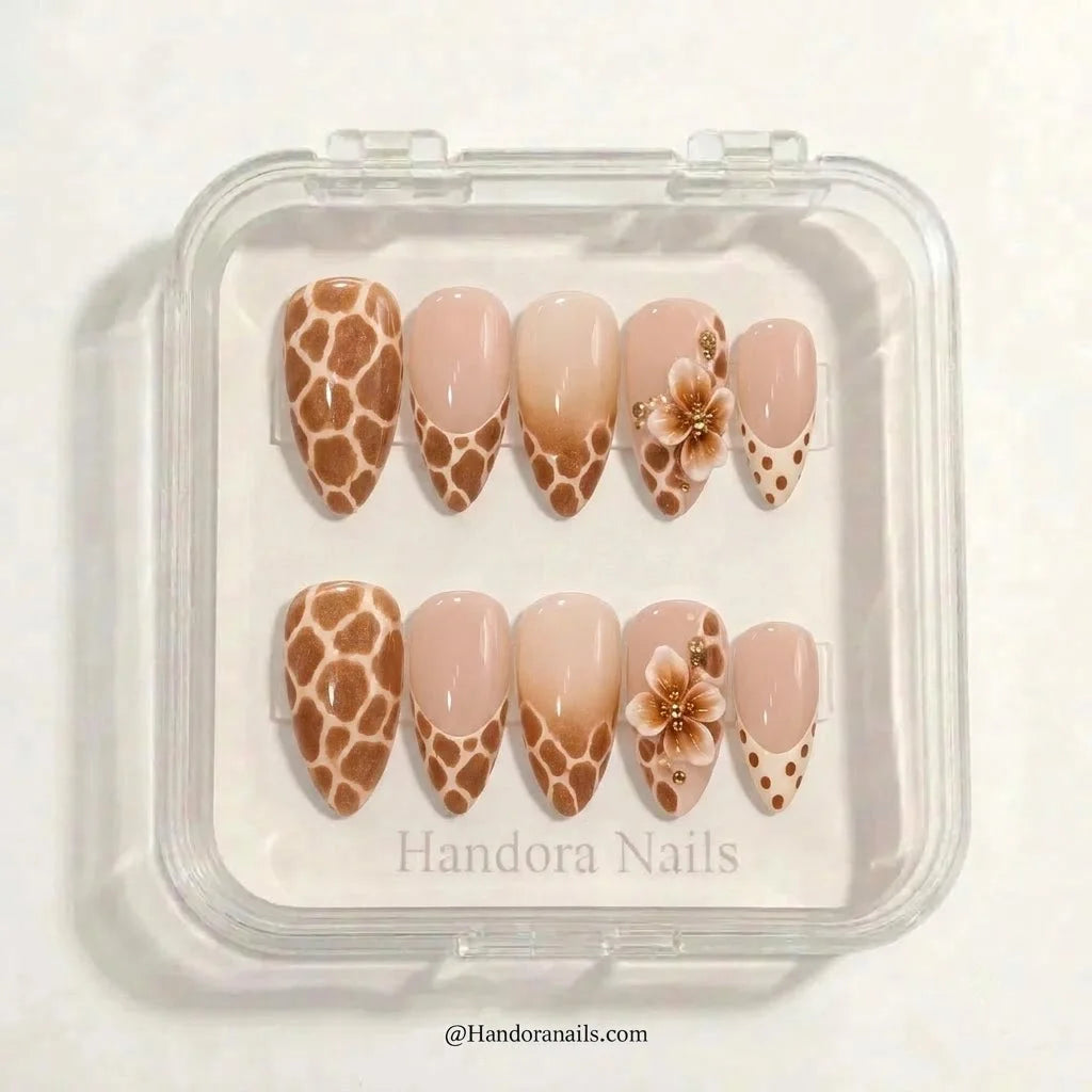 Honey Giraffe winter press-on nails - in display box by Handora Nails