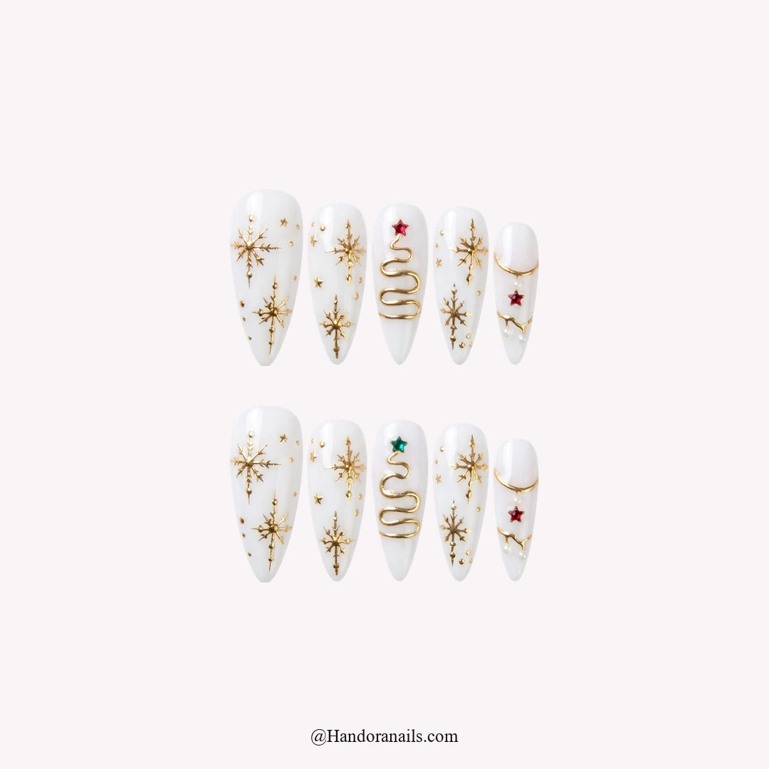 Ivory Gold Christmas press-on nails - white background by Handora Nails