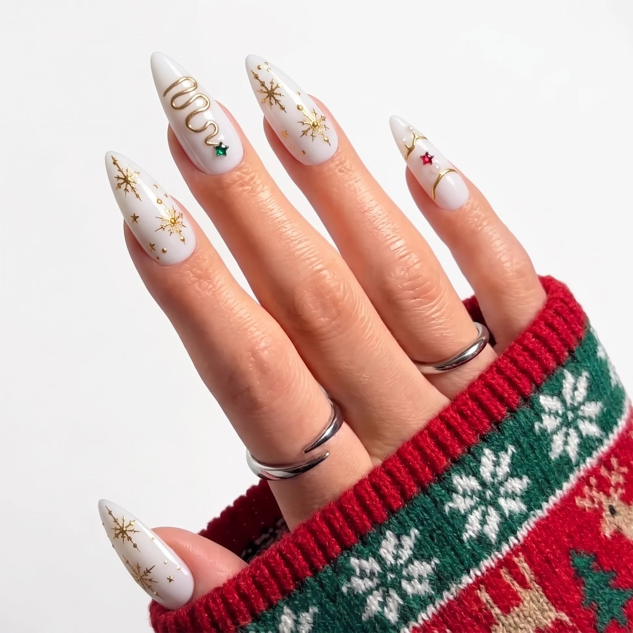 Ivory Gold Christmas press-on nails - design view 6 by Handora Nails