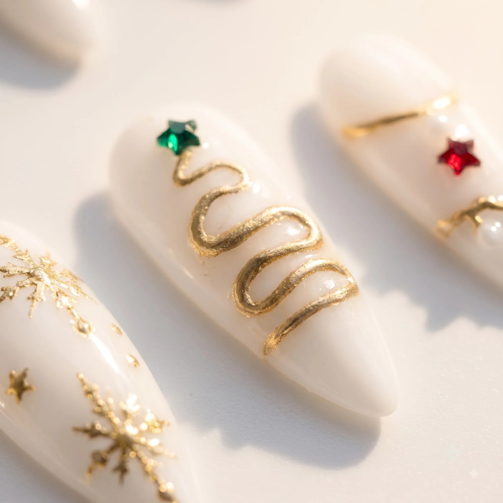 Ivory Gold Christmas press-on nails - design view 7 by Handora Nails