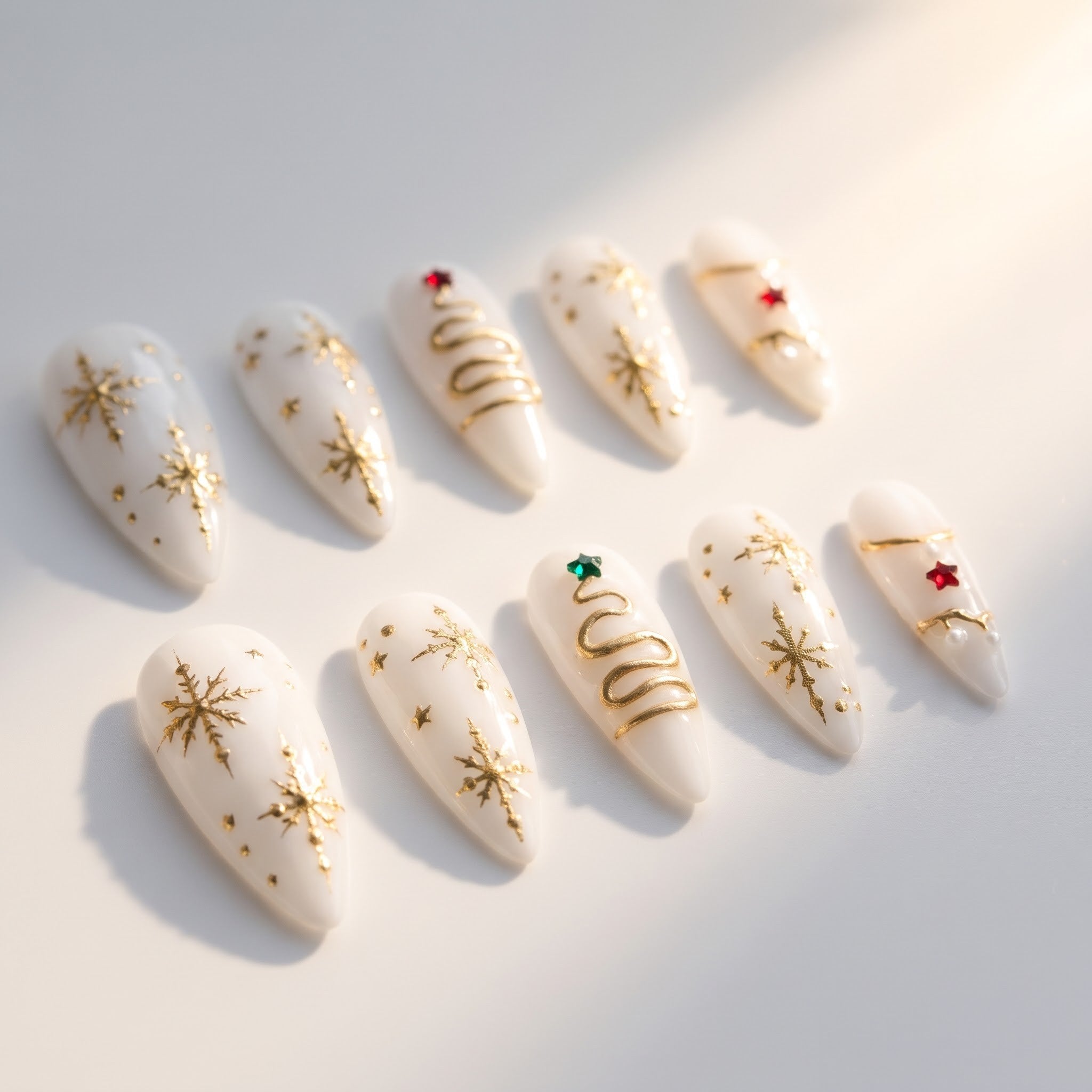 Ivory Gold Christmas press-on nails - design view 8 by Handora Nails