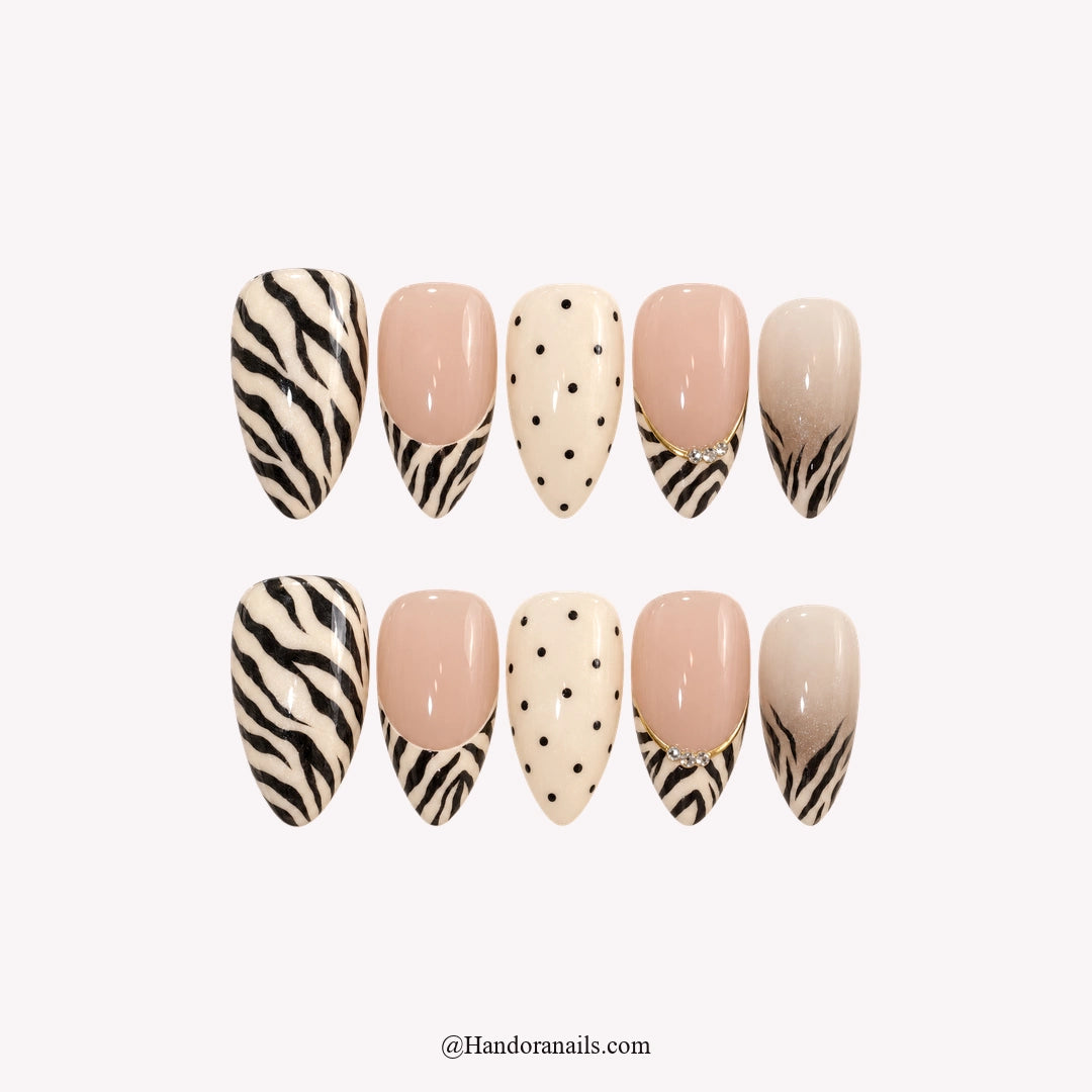 Ivory Zebra winter press-on nails - white background by Handora Nails