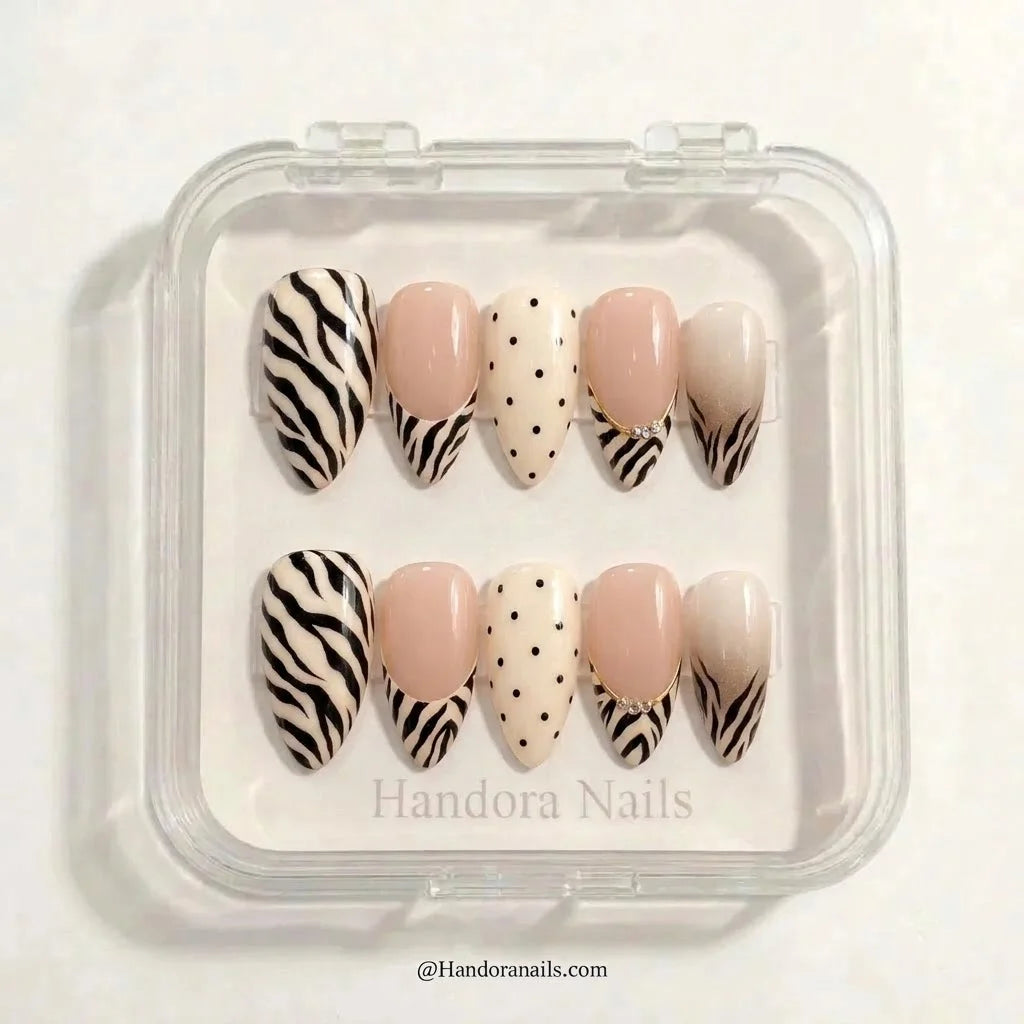 Ivory Zebra winter press-on nails - in display box by Handora Nails
