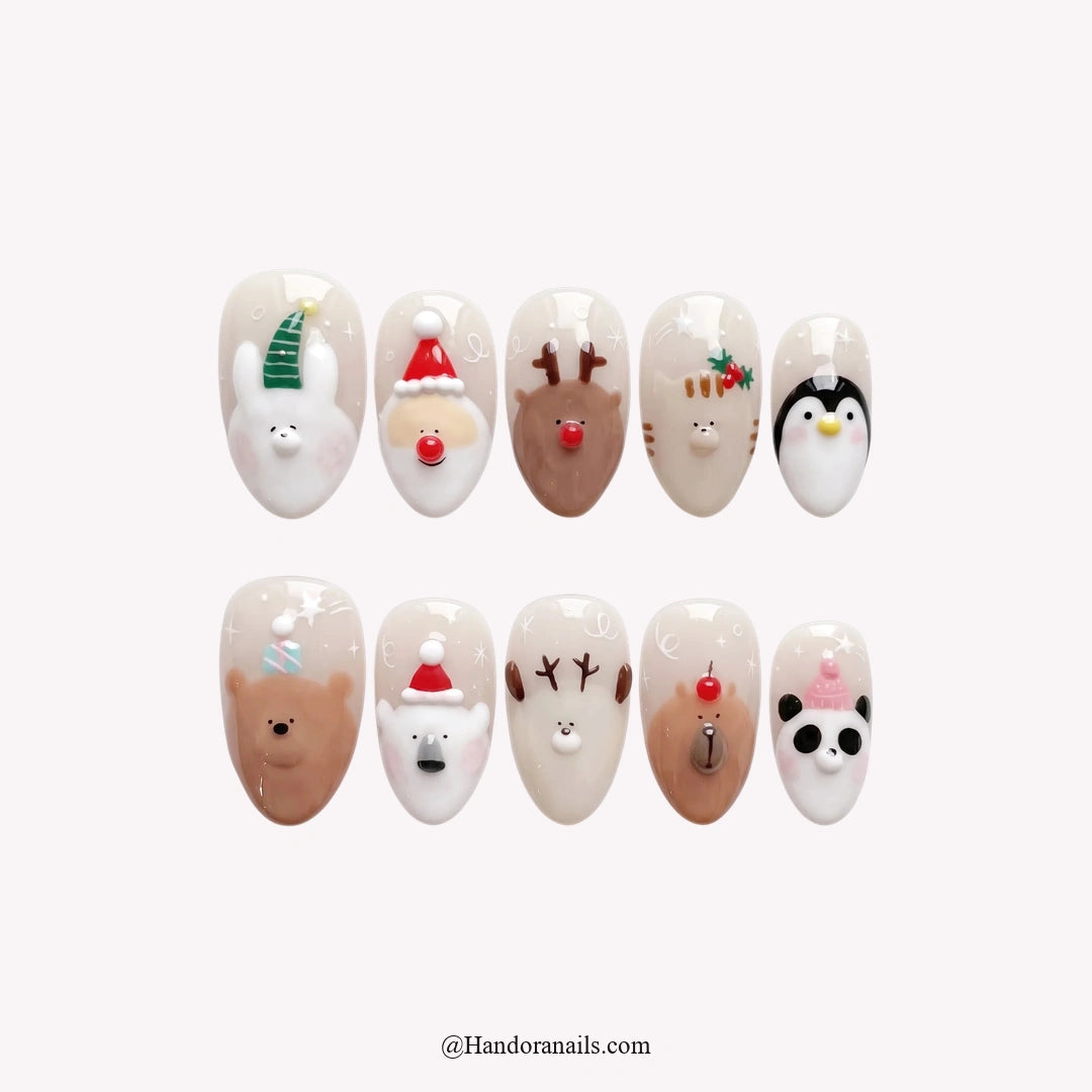 Jolly Zoo Christmas press-on nails - white background by Handora Nails