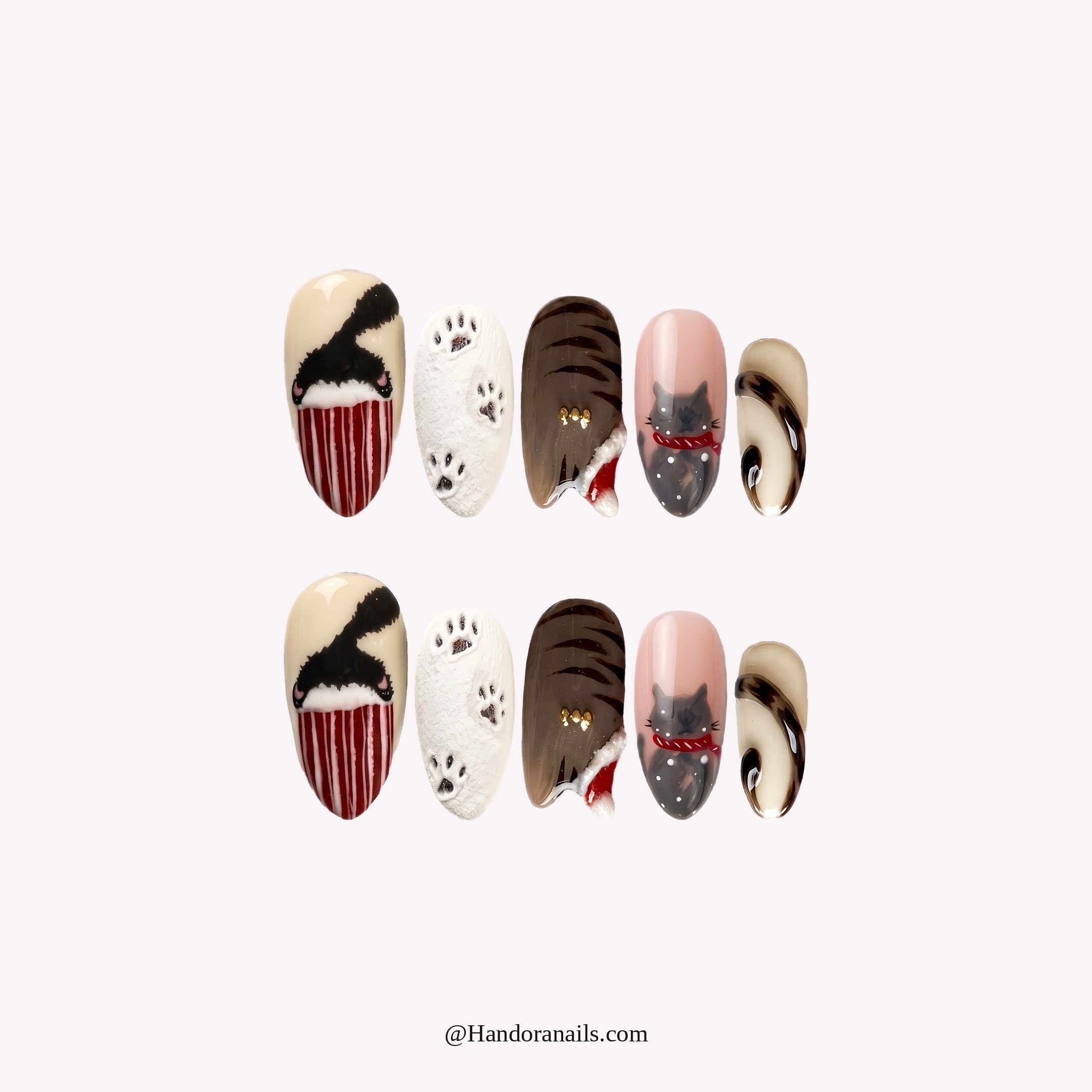 Kitty Stocking Christmas Cat press-on nails – white background by Handora Nails