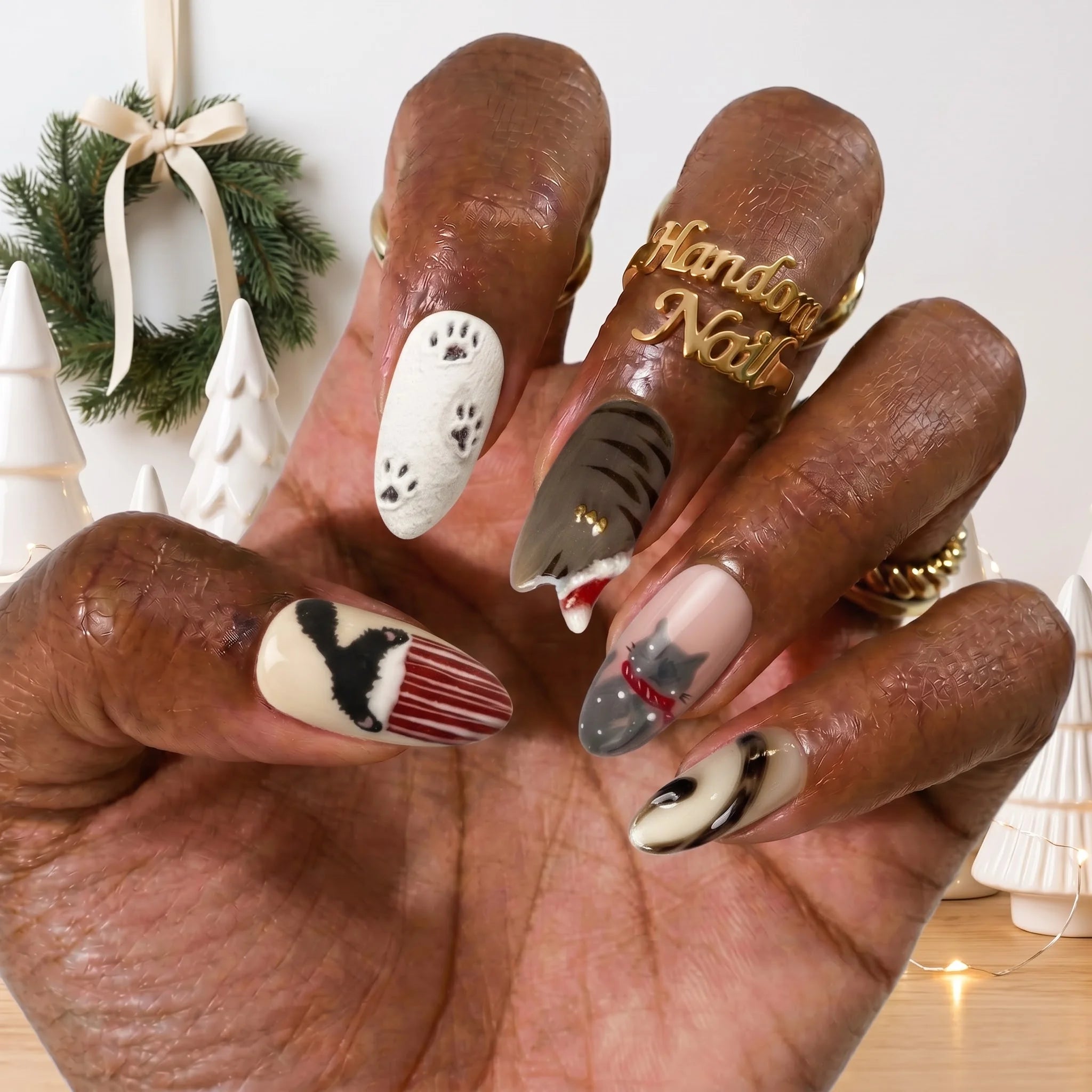 Kitty Stocking Christmas Cat press-on nails – on hand by Handora Nails