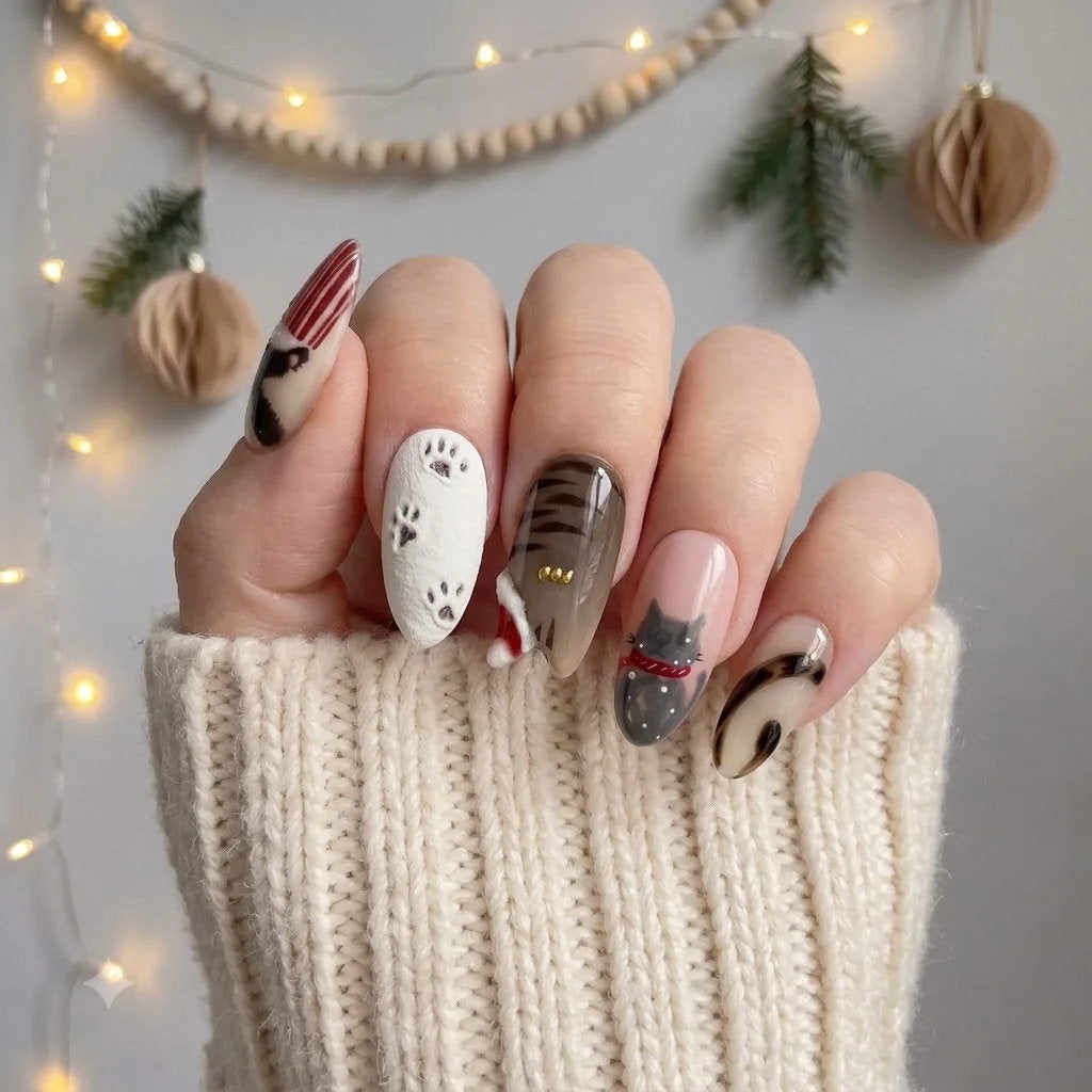 Kitty Stocking Christmas Cat press-on nails – on hand by Handora Nails