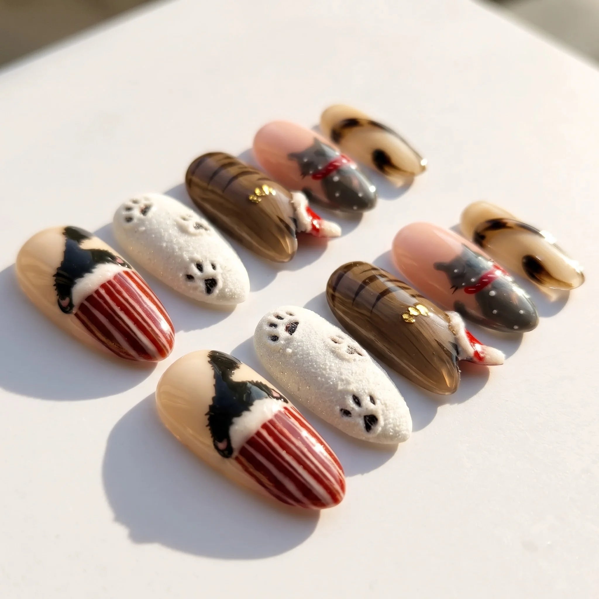 Kitty Stocking Christmas Cat press-on nails – flat lay by Handora Nails
