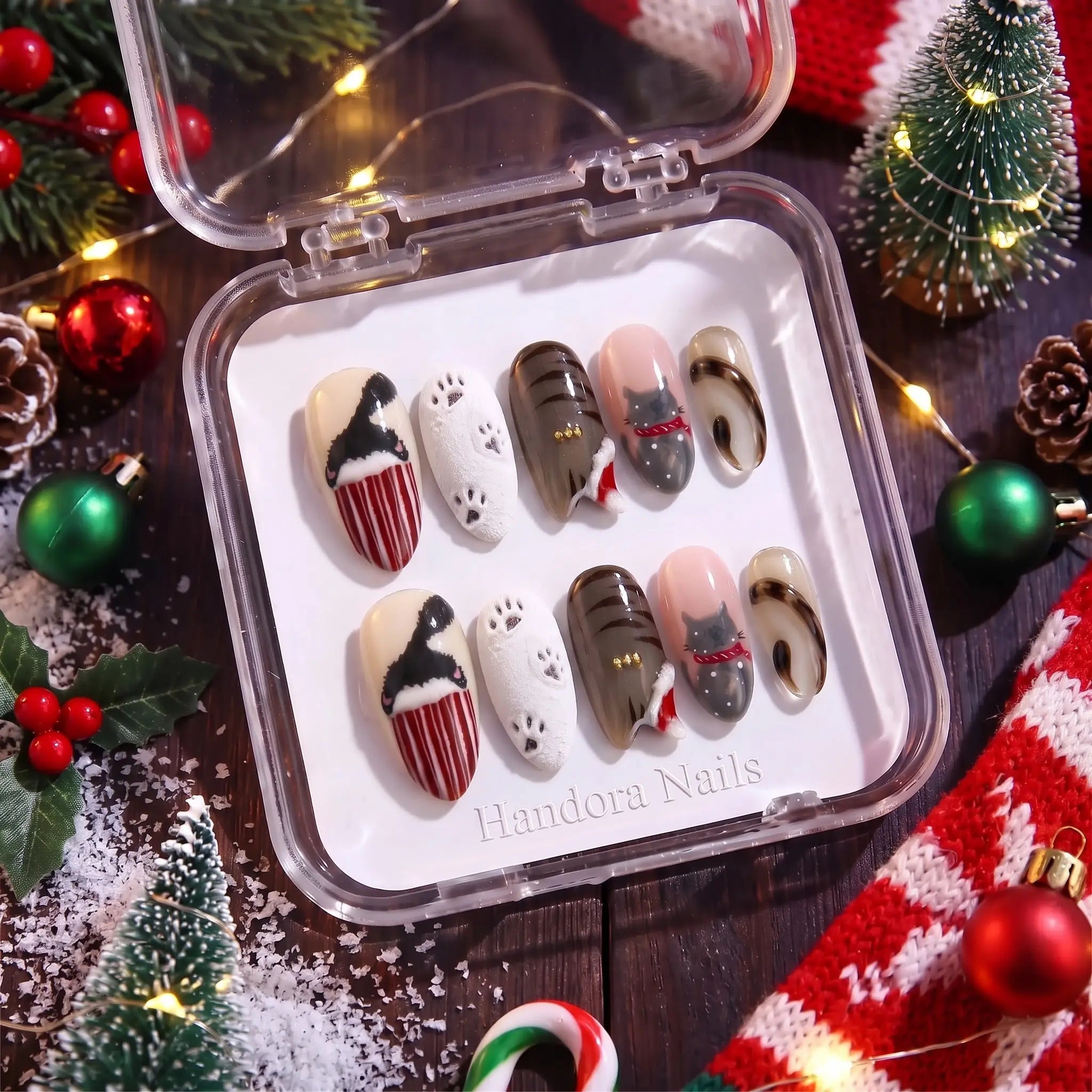 Kitty Stocking Christmas Cat press-on nails – in gift box by Handora Nails