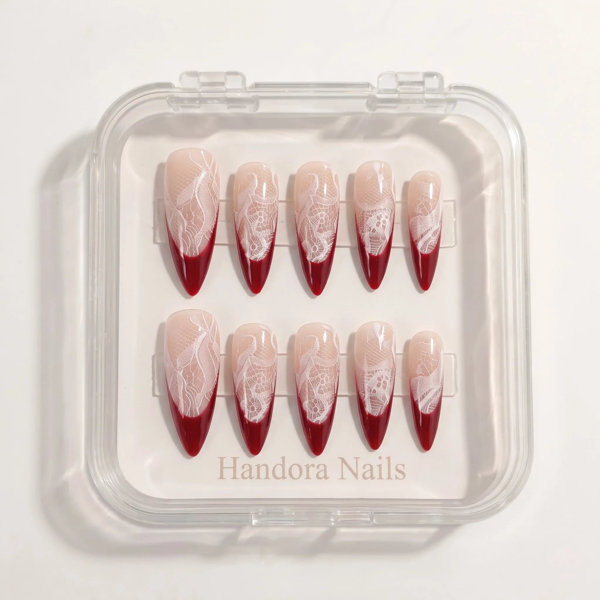 Lace Velvet winter french press-on nails – white background by Handora Nails