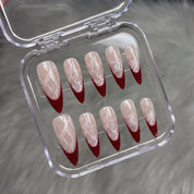 Lace Velvet winter french press-on nails – flat lay and packaging by Handora Nails