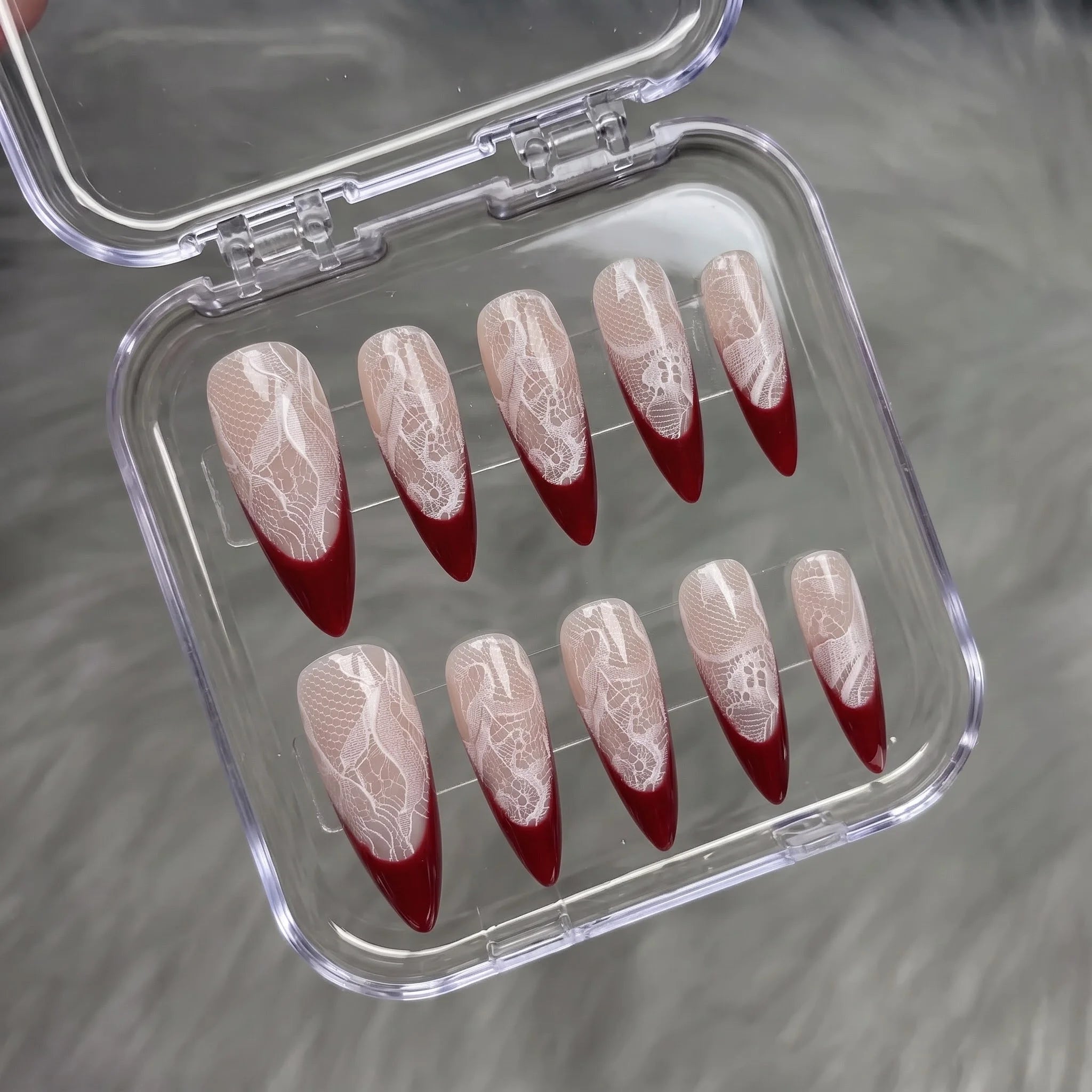 Lace Velvet winter french press-on nails – flat lay and packaging by Handora Nails