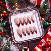Lace Velvet winter french press-on nails – flat lay and packaging by Handora Nails