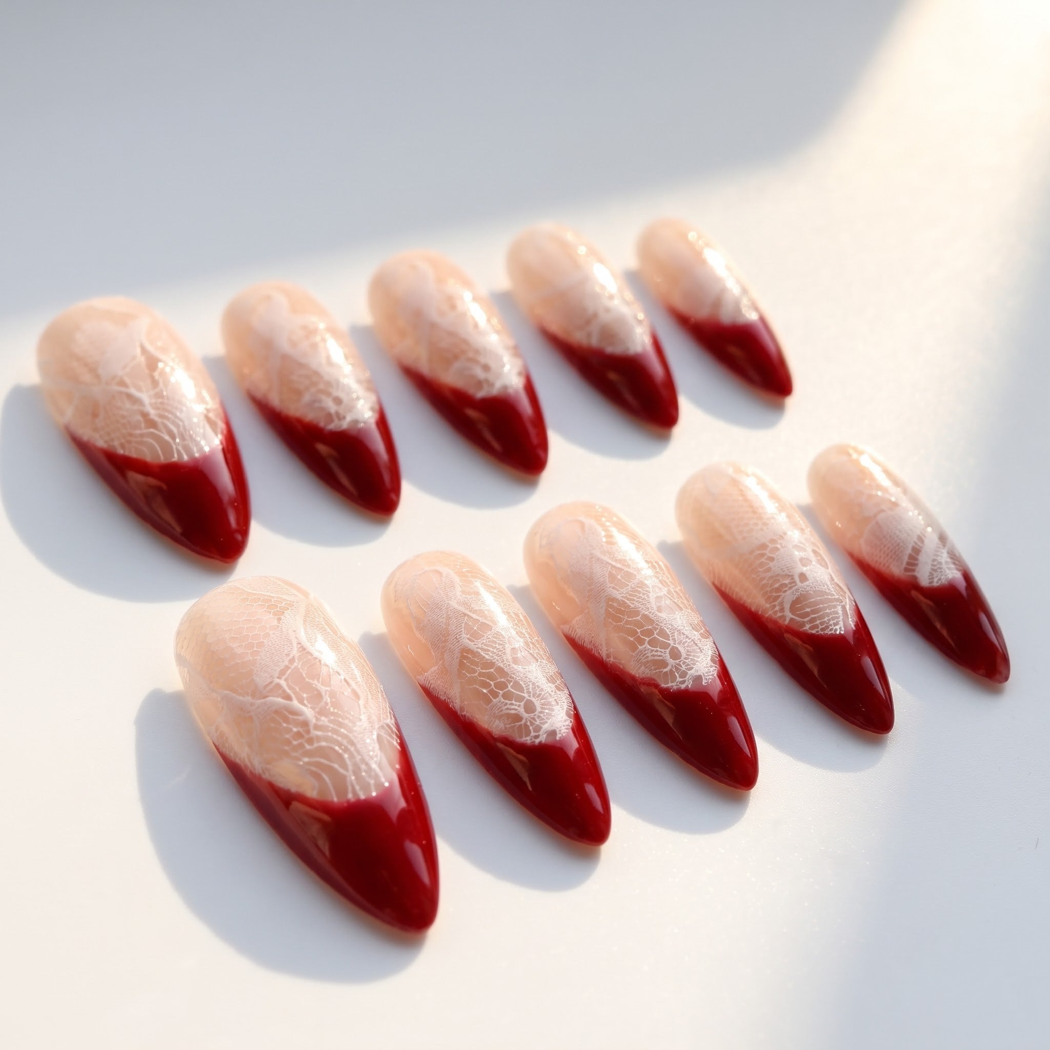 Lace Velvet winter french press-on nails – flat lay and packaging by Handora Nails