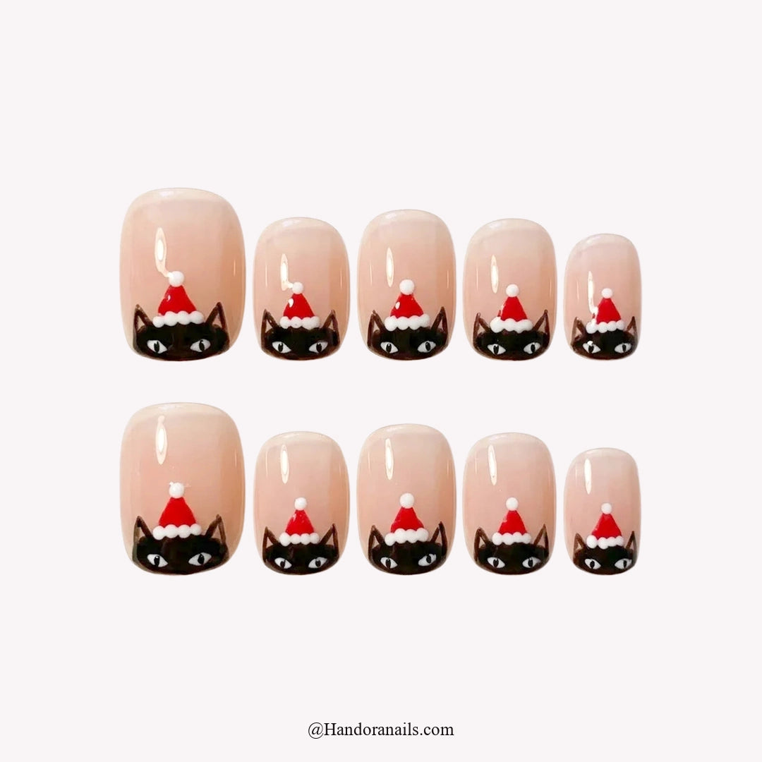 Meowy Christmas Christmas press-on nails - white background by Handora Nails