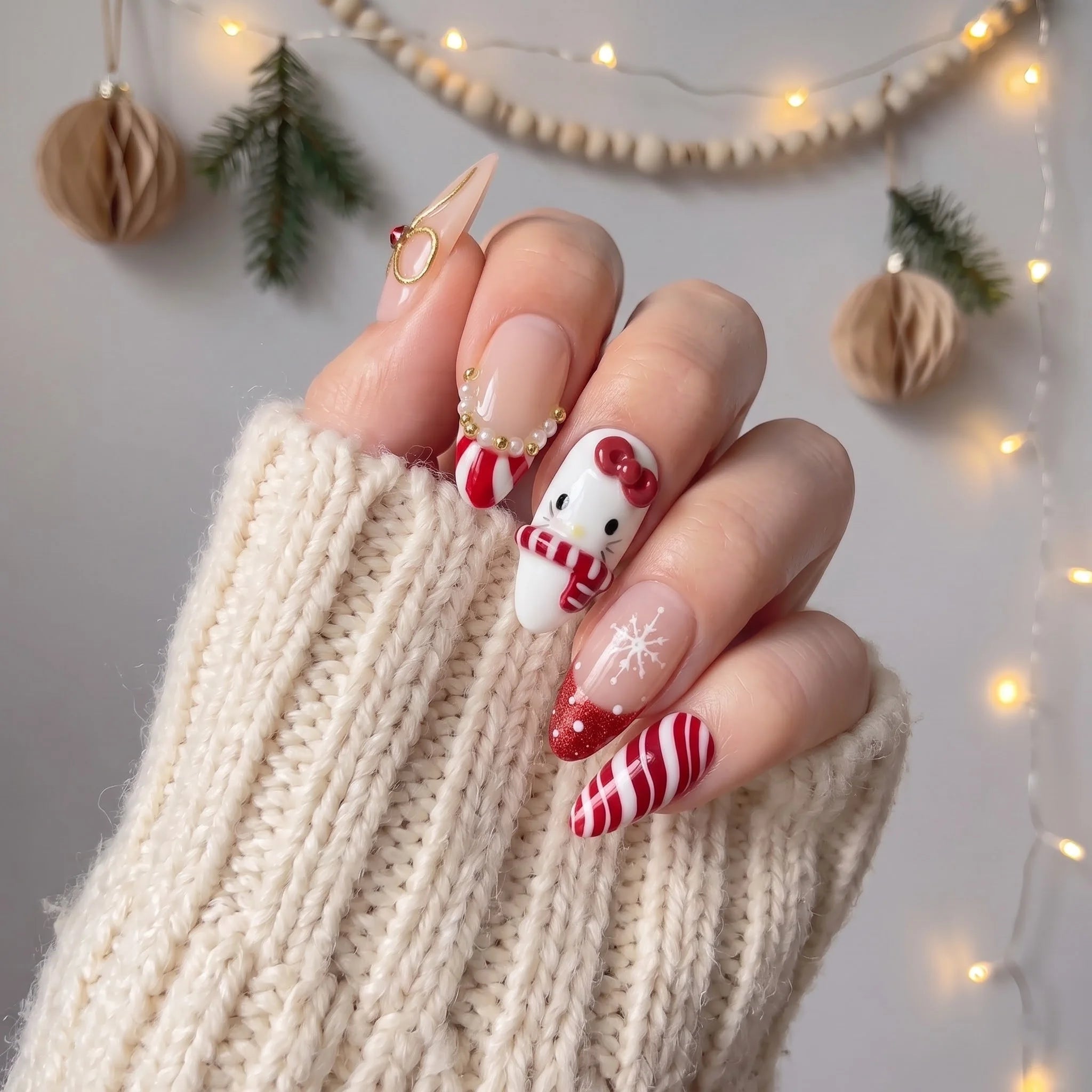 Merry Kitty Candy Cane press-on nails – on hand by Handora Nails