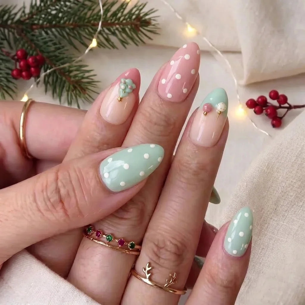 Mint Baubles Christmas press-on nails - on hand by Handora Nails