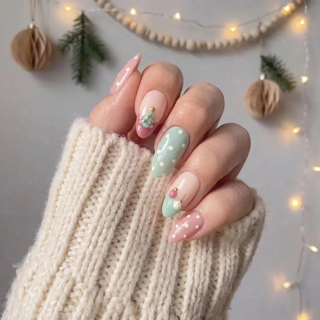 Mint Baubles Christmas press-on nails - on hand by Handora Nails