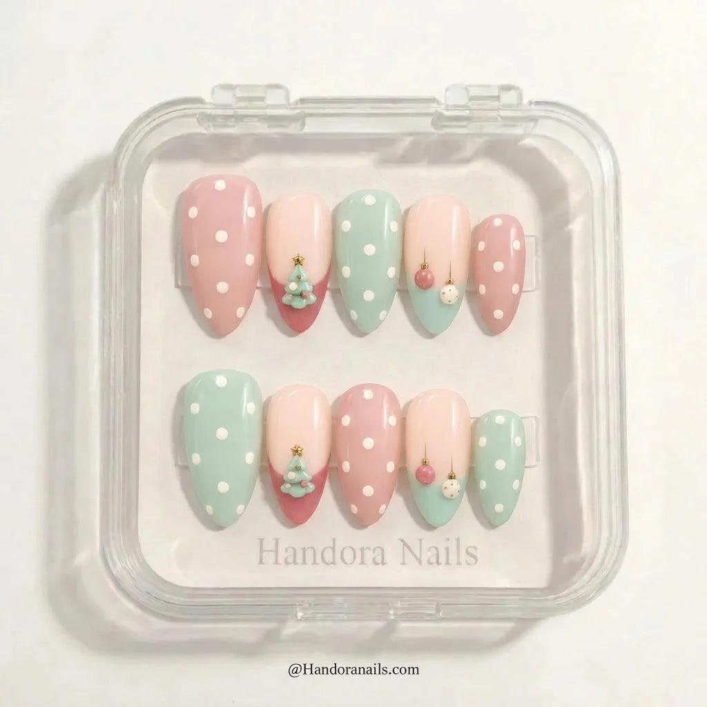 Mint Baubles Christmas press-on nails - in display box by Handora Nails
