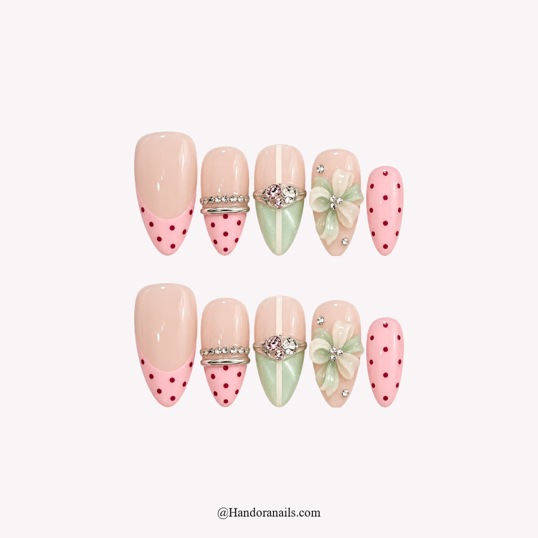 Mint Ribbon Christmas press-on nails - white background by Handora Nails