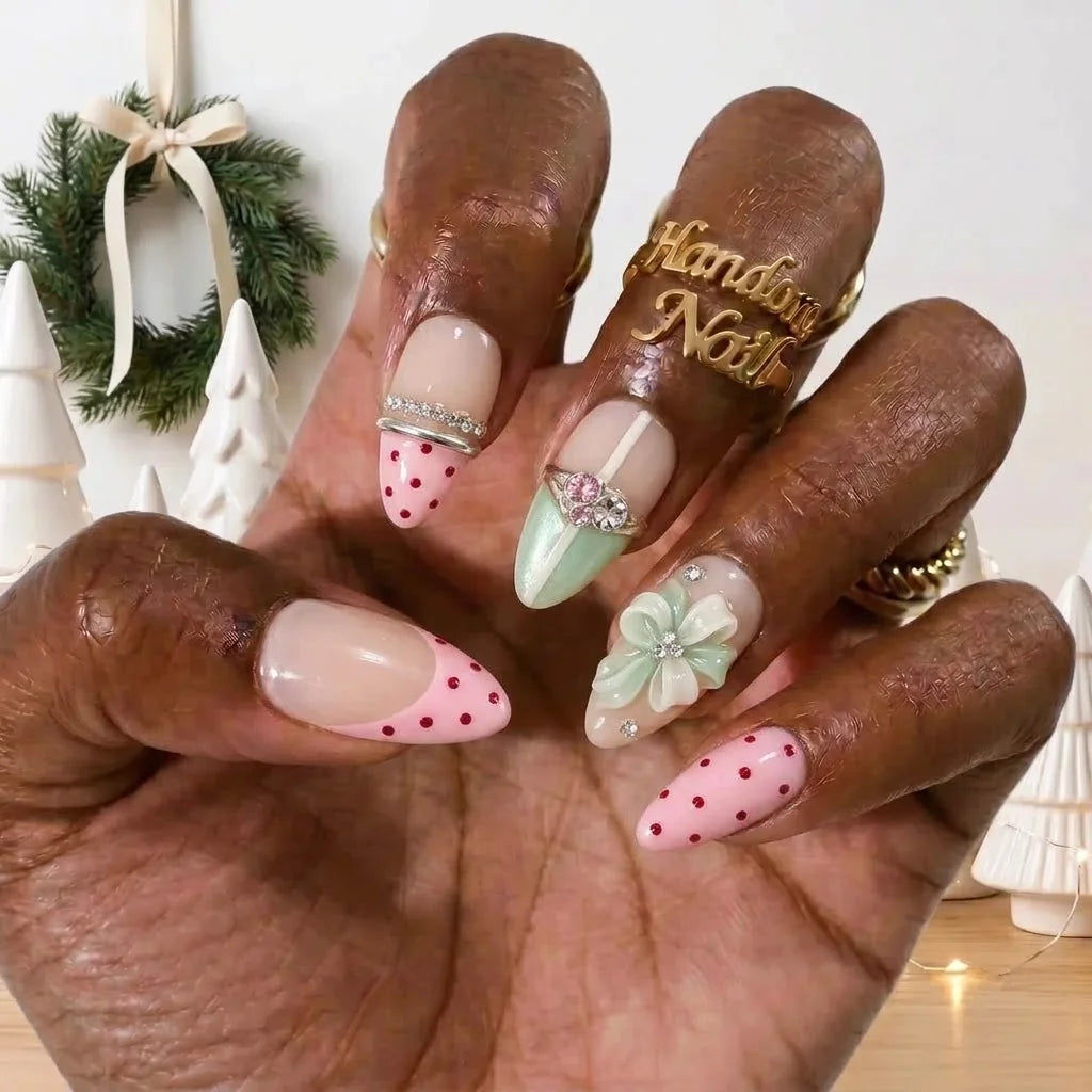 Mint Ribbon Christmas press-on nails - on hand by Handora Nails
