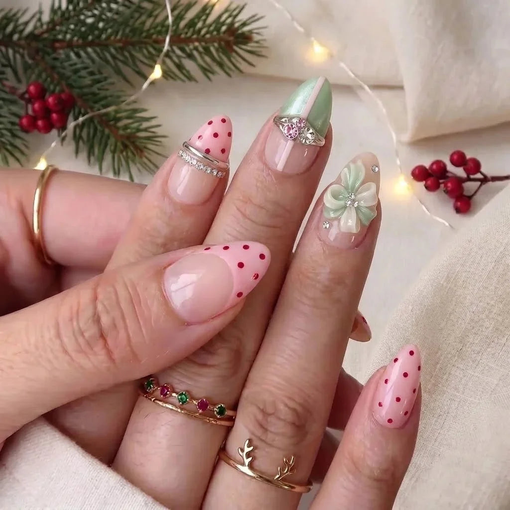 Mint Ribbon Christmas press-on nails - on hand by Handora Nails