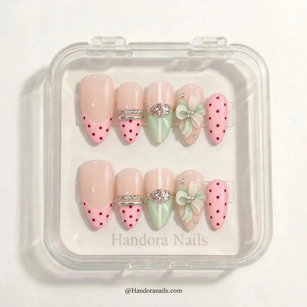 Mint Ribbon Christmas press-on nails - in display box by Handora Nails