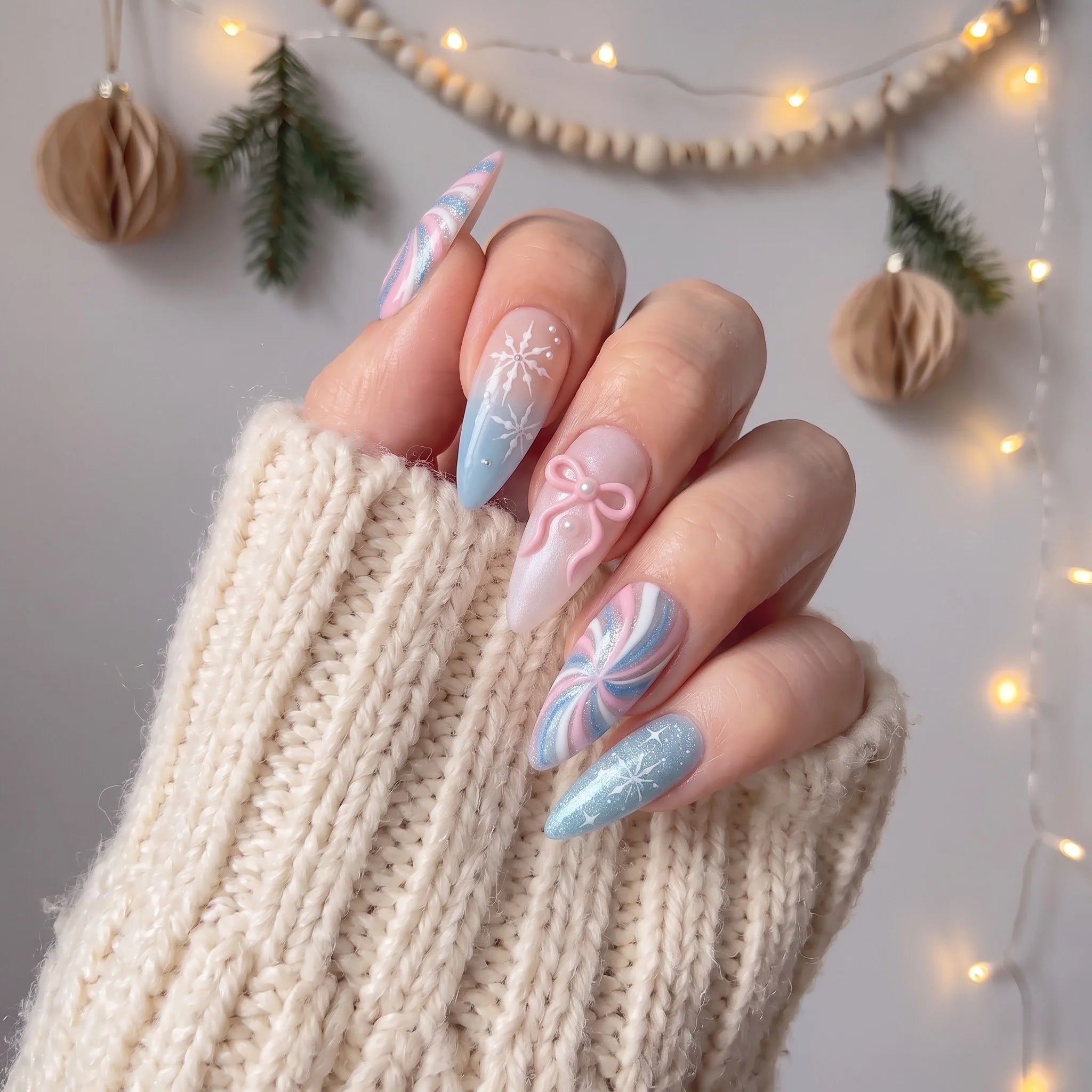 Pastel Snowflake winter press-on nails – on hand by Handora Nails