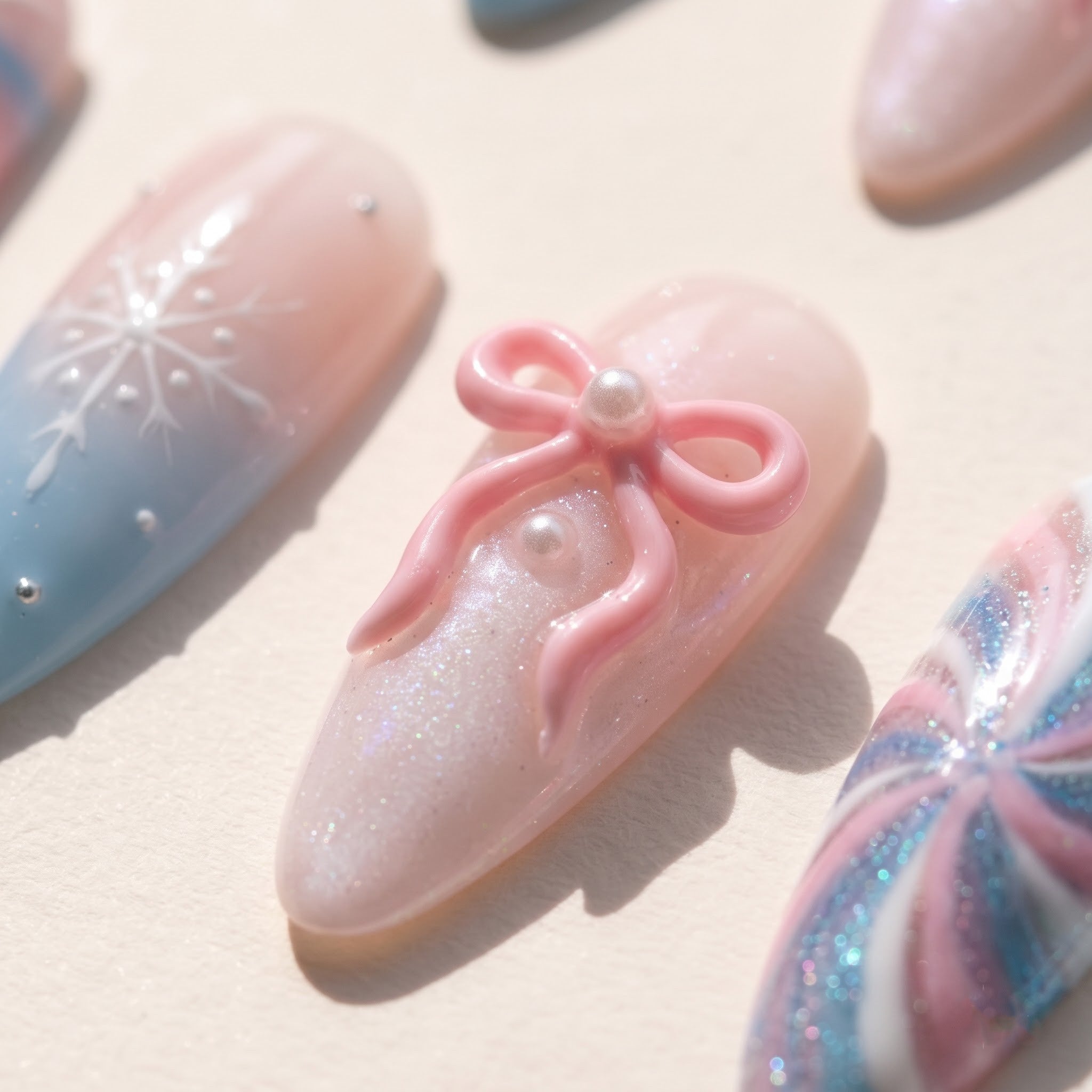 Pastel Snowflake winter press-on nails – close-up by Handora Nails