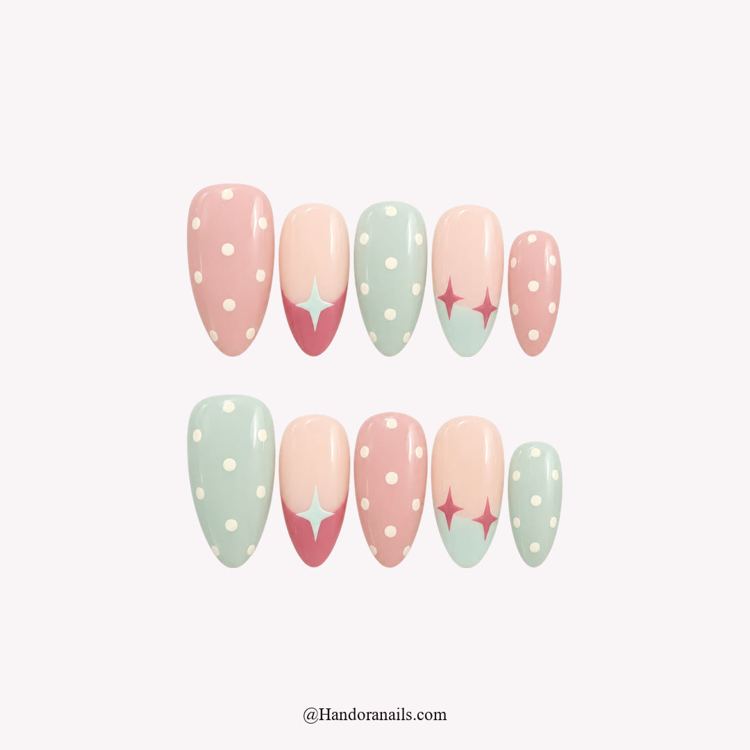 Pastel Starfall Christmas press-on nails - white background by Handora Nails