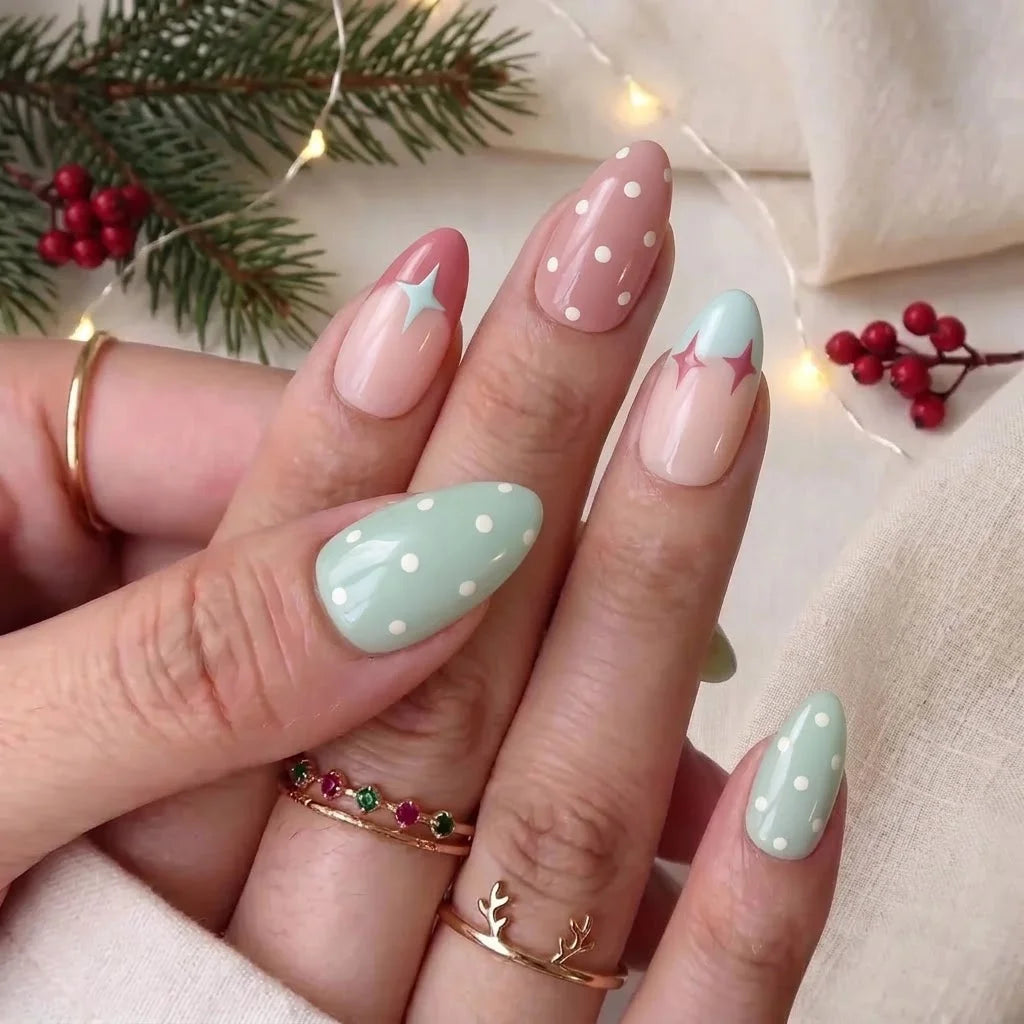 Pastel Starfall Christmas press-on nails - on hand by Handora Nails