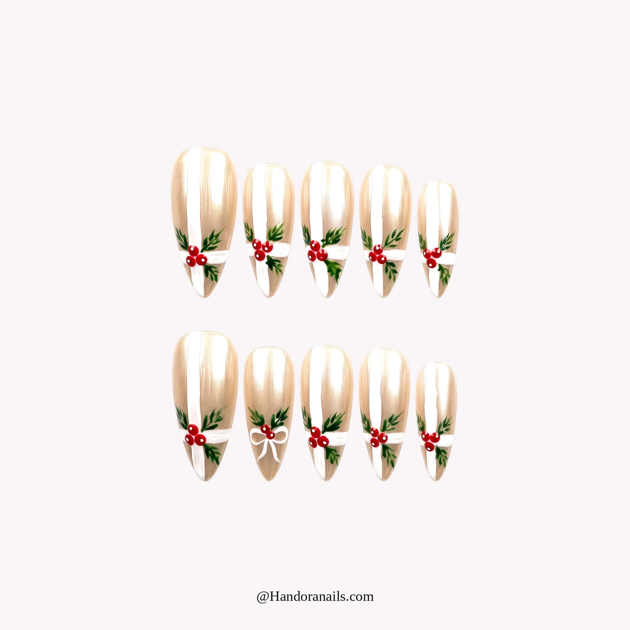 Pearl Berry press-on nails – almond shape, white and green