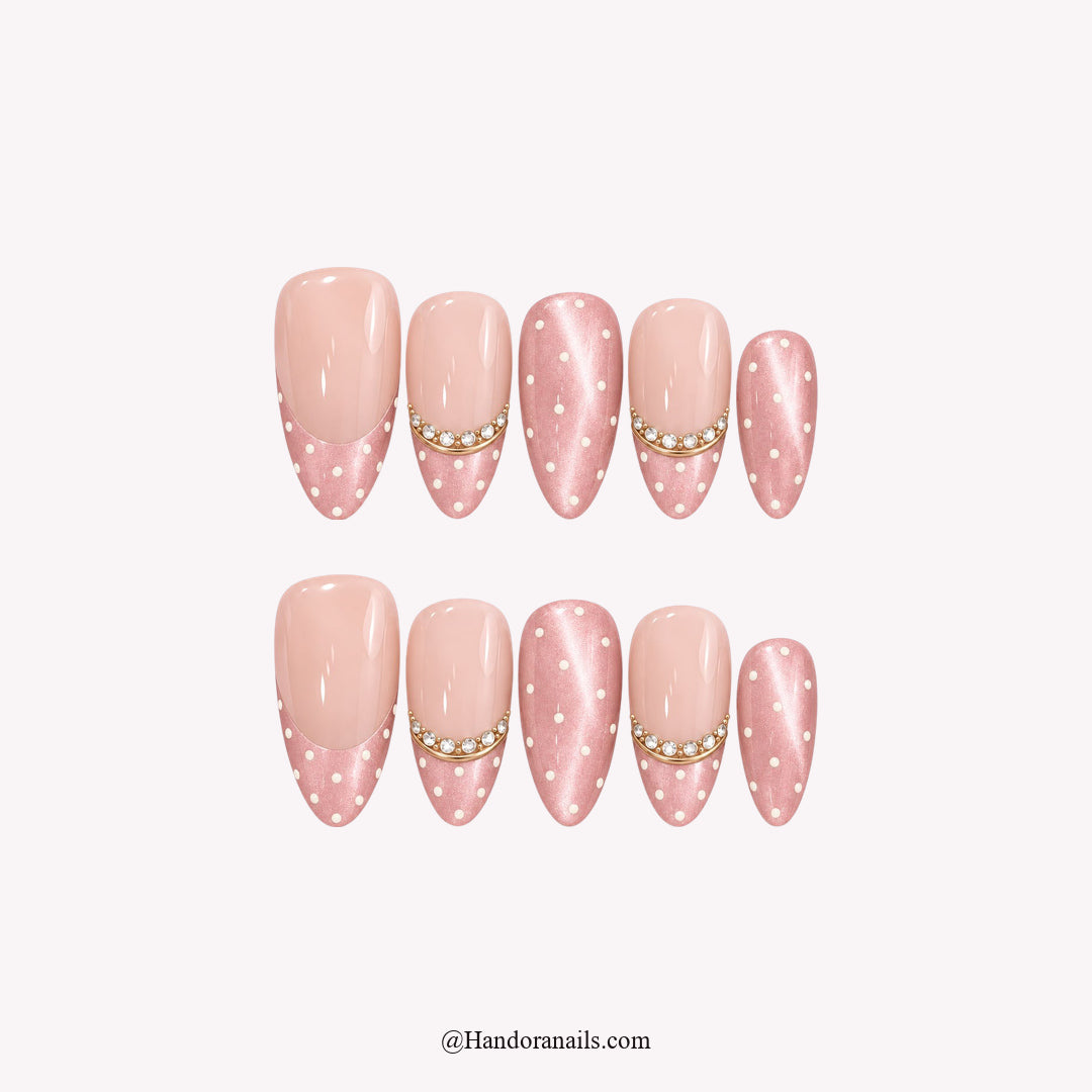 Pearl Dot Waltz Christmas press-on nails - Pink white background by Handora Nails
