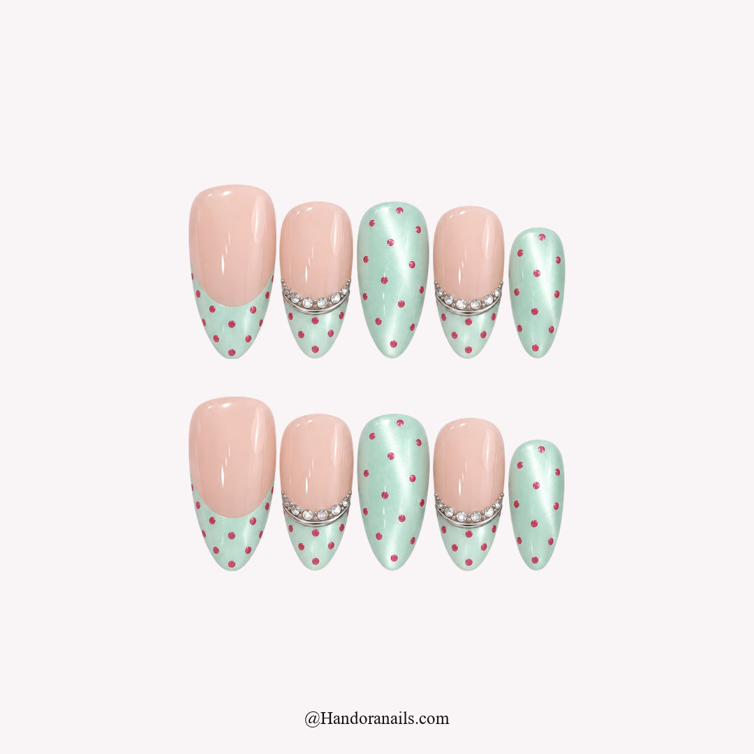 Pearl Dot Waltz Christmas press-on nails - Mint white background by Handora Nails