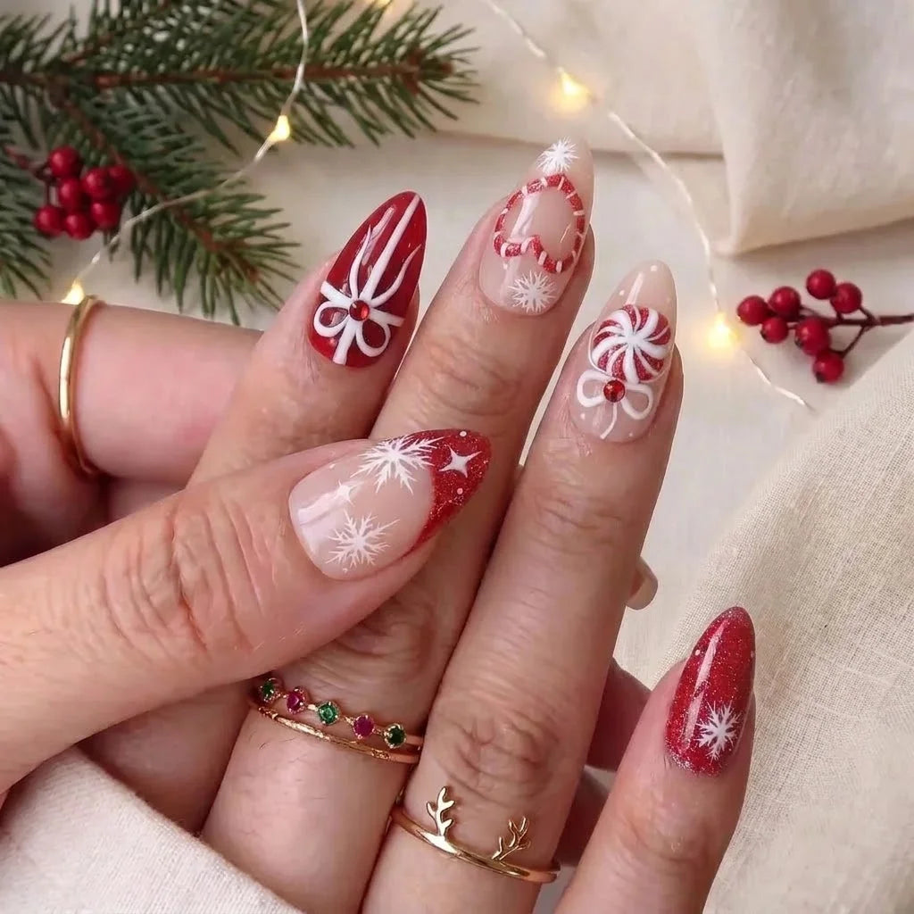 Peppermint Parcel Christmas press-on nails - design view 2 by Handora Nails