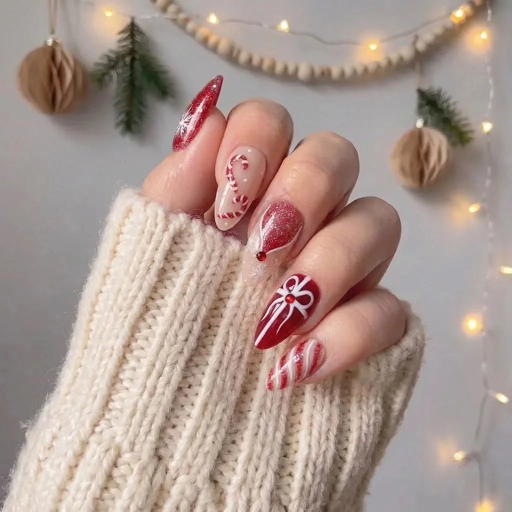Peppermint Parcel Christmas press-on nails - design view 4 by Handora Nails