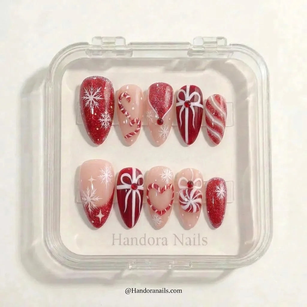 Peppermint Parcel Christmas press-on nails - design view 6 by Handora Nails