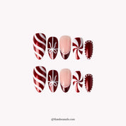 Peppermint Parlor press-on nails – almond shape, white and red