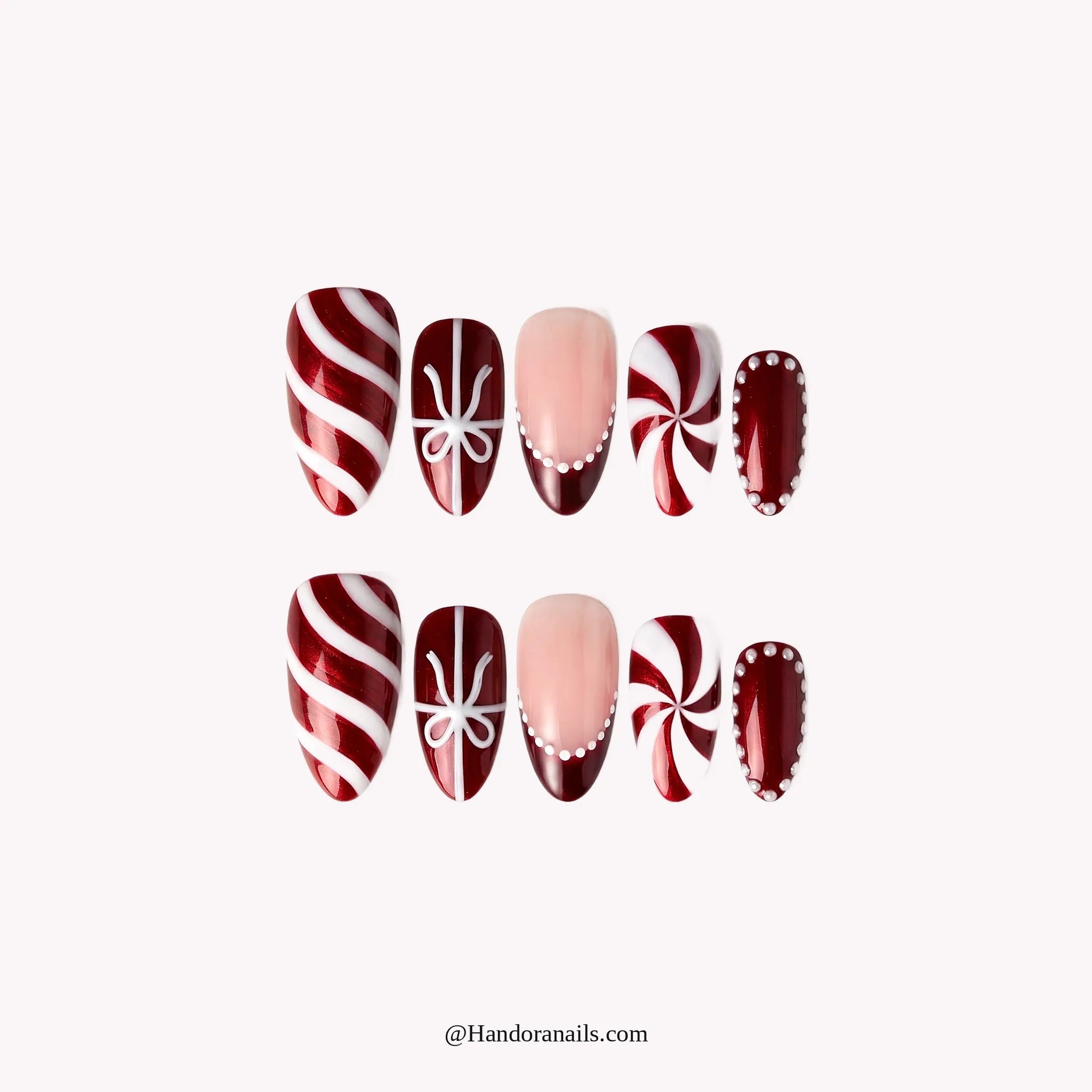 Peppermint Parlor press-on nails – almond shape, white and red