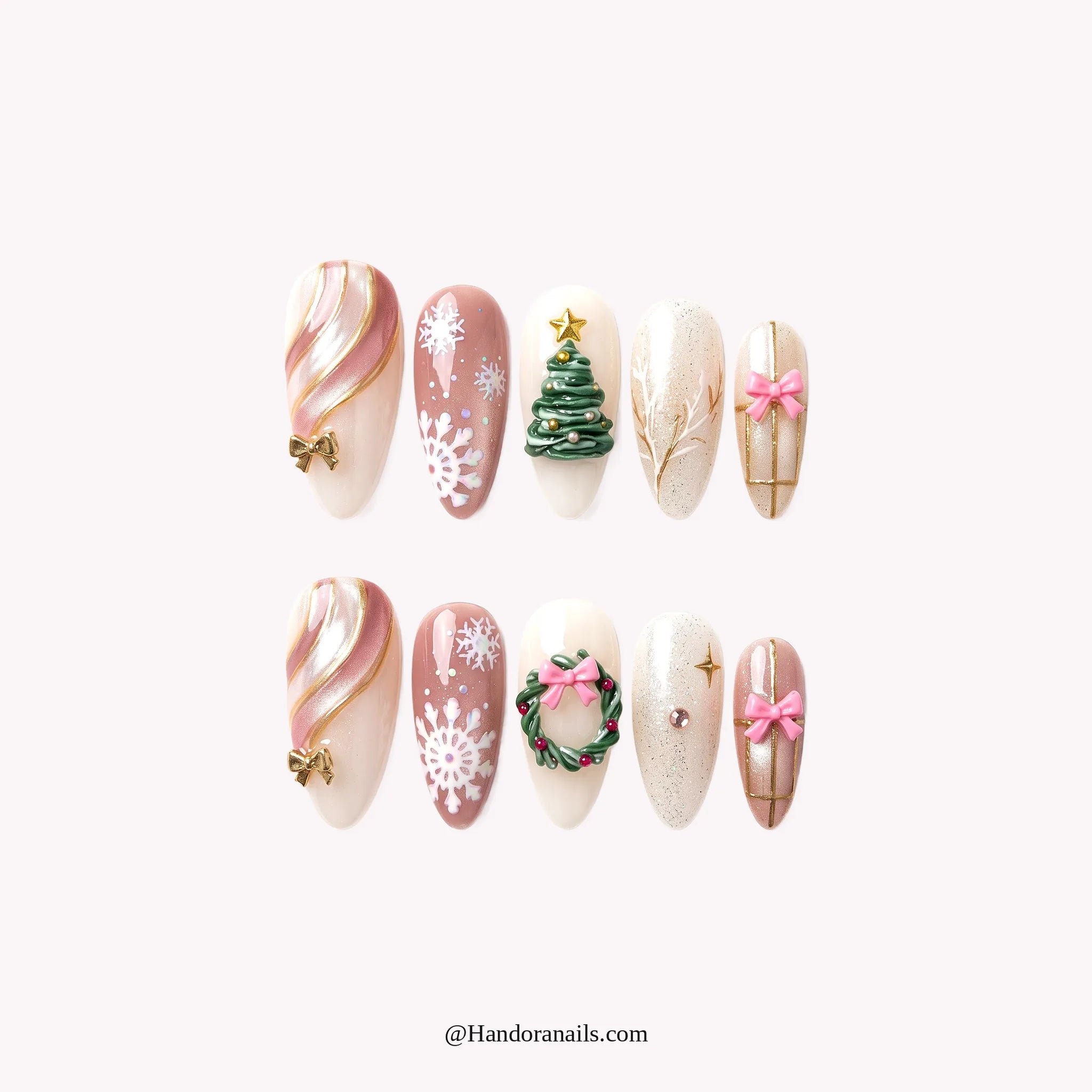 Pink Wreath press-on nails – almond shape, pink and white
